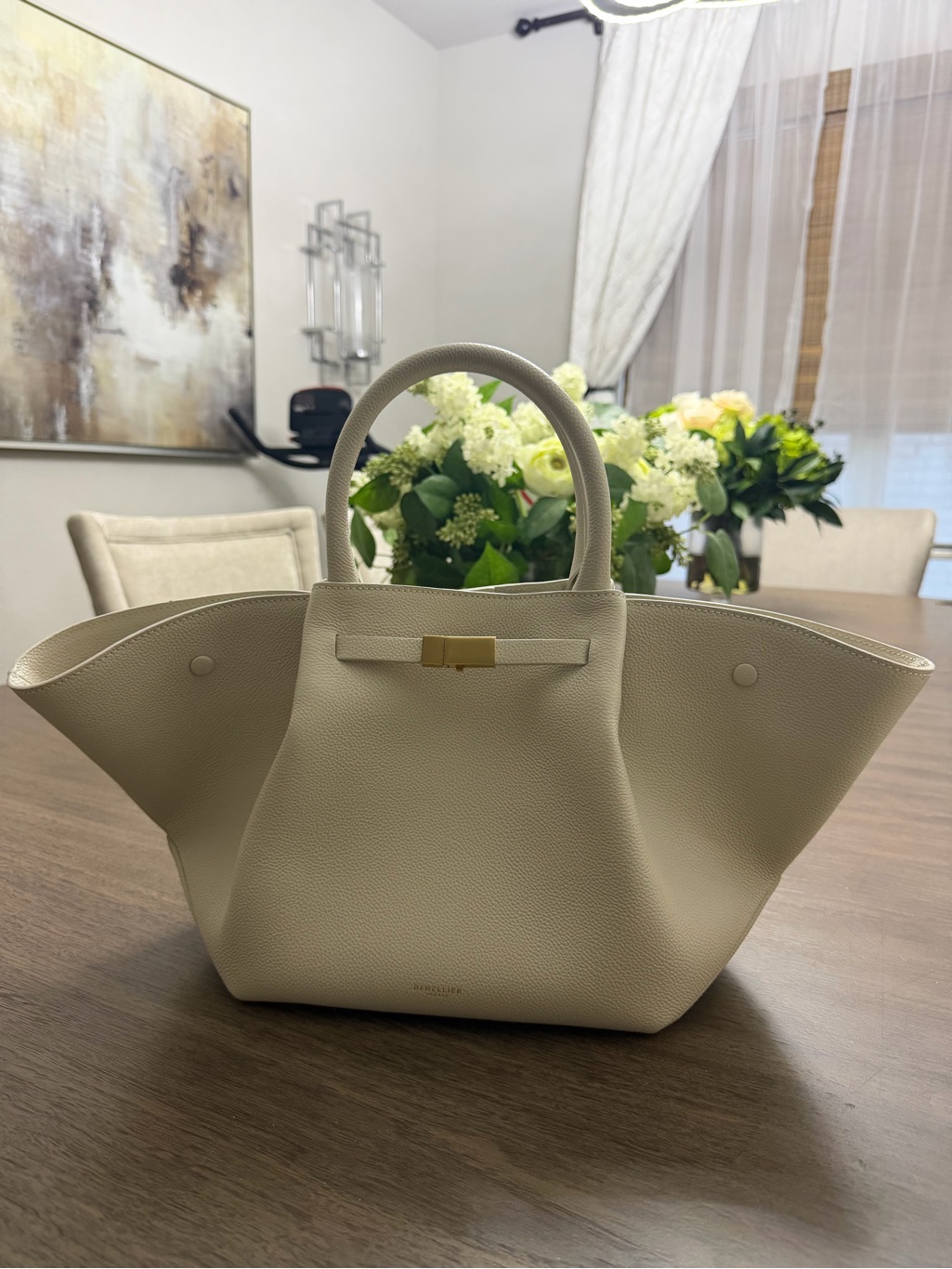 Demellier Cream Structured Tote With Gold Accent
